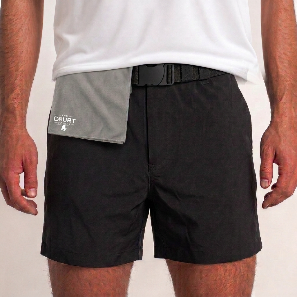 Player on a pickleball court wearing The Court Towel at the waist, holding a paddle