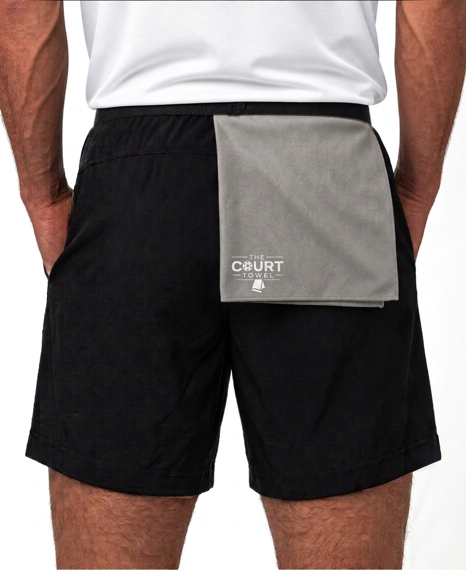 Prototype photo of The Court Towel worn at the hip, back view
