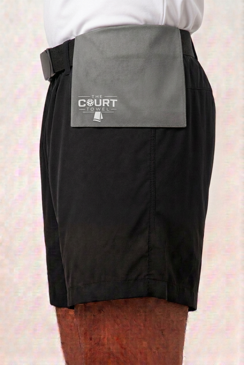 Prototype photo of The Court Towel worn at the hip, side view
